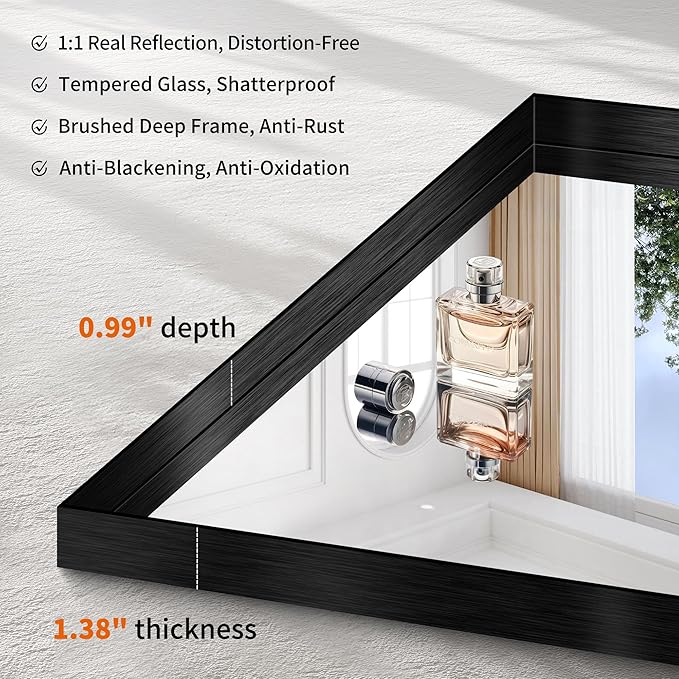 CIRCUMI Black Bathroom Mirror, Brushed Finish, Tempered Glass, Mirror
