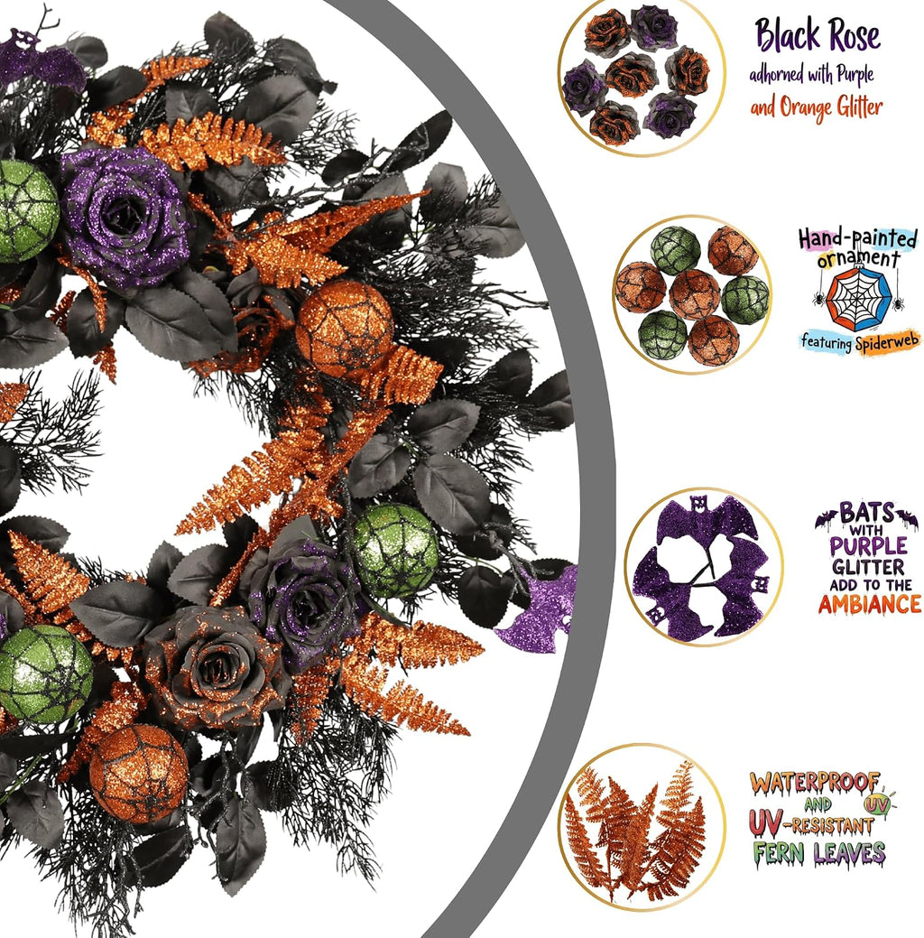 22 Inch Halloween Wreath for Front Door, Spooky Black & Purple Glitter Rose Wreath with Bats & Ornaments, Outdoor Halloween Decorations