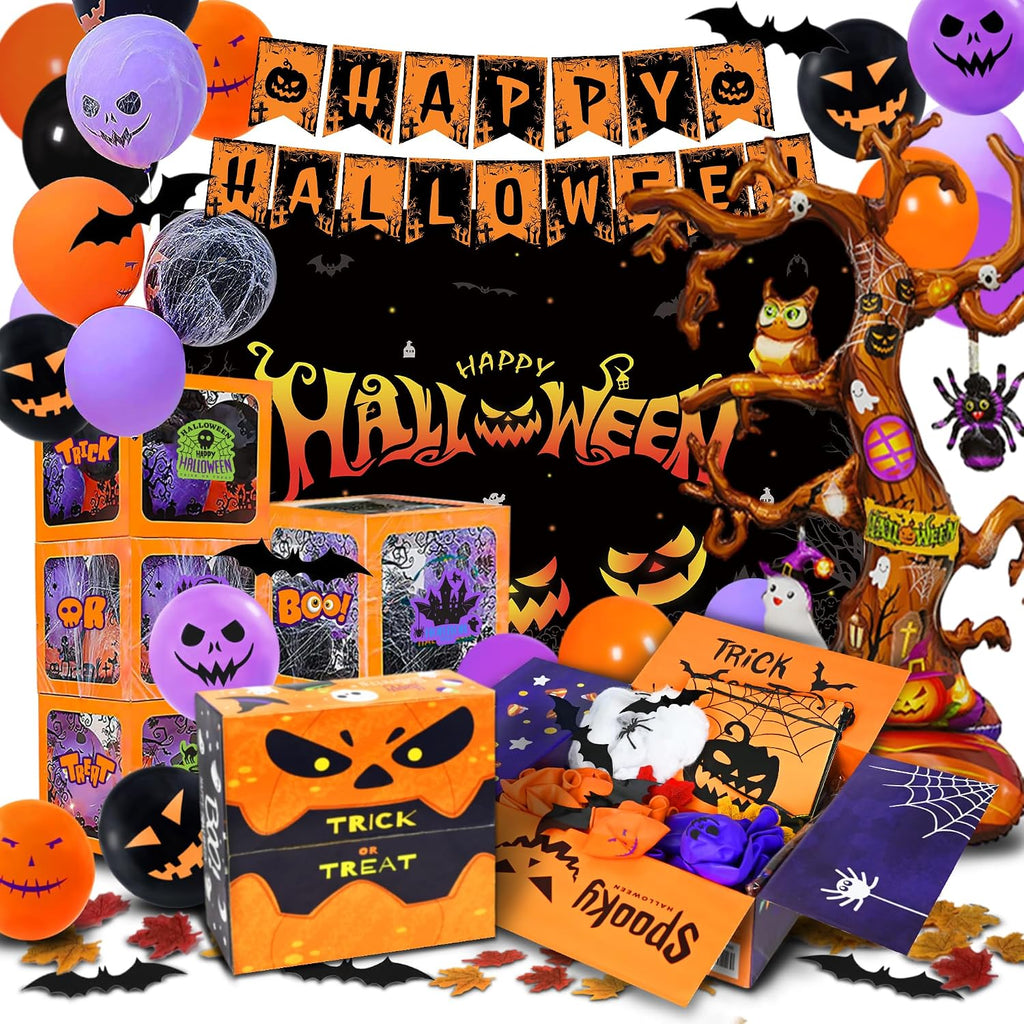 157 Pcs Halloween Party Decorations Kit, 43" Giant Tree Balloon, 4 Balloon Boxes, Happy Halloween Banner, 60 pcs Balloons, Artificial Leaves