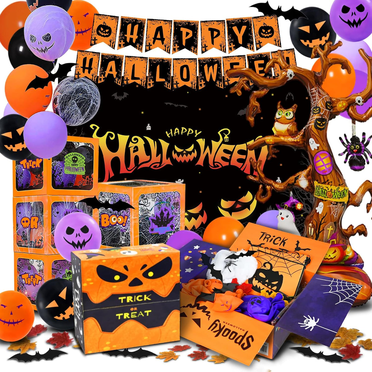 157 Pcs Halloween Party Decorations Kit, 43" Giant Tree Balloon, 4 Balloon Boxes, Happy Halloween Banner, 60 pcs Balloons, Artificial Leaves