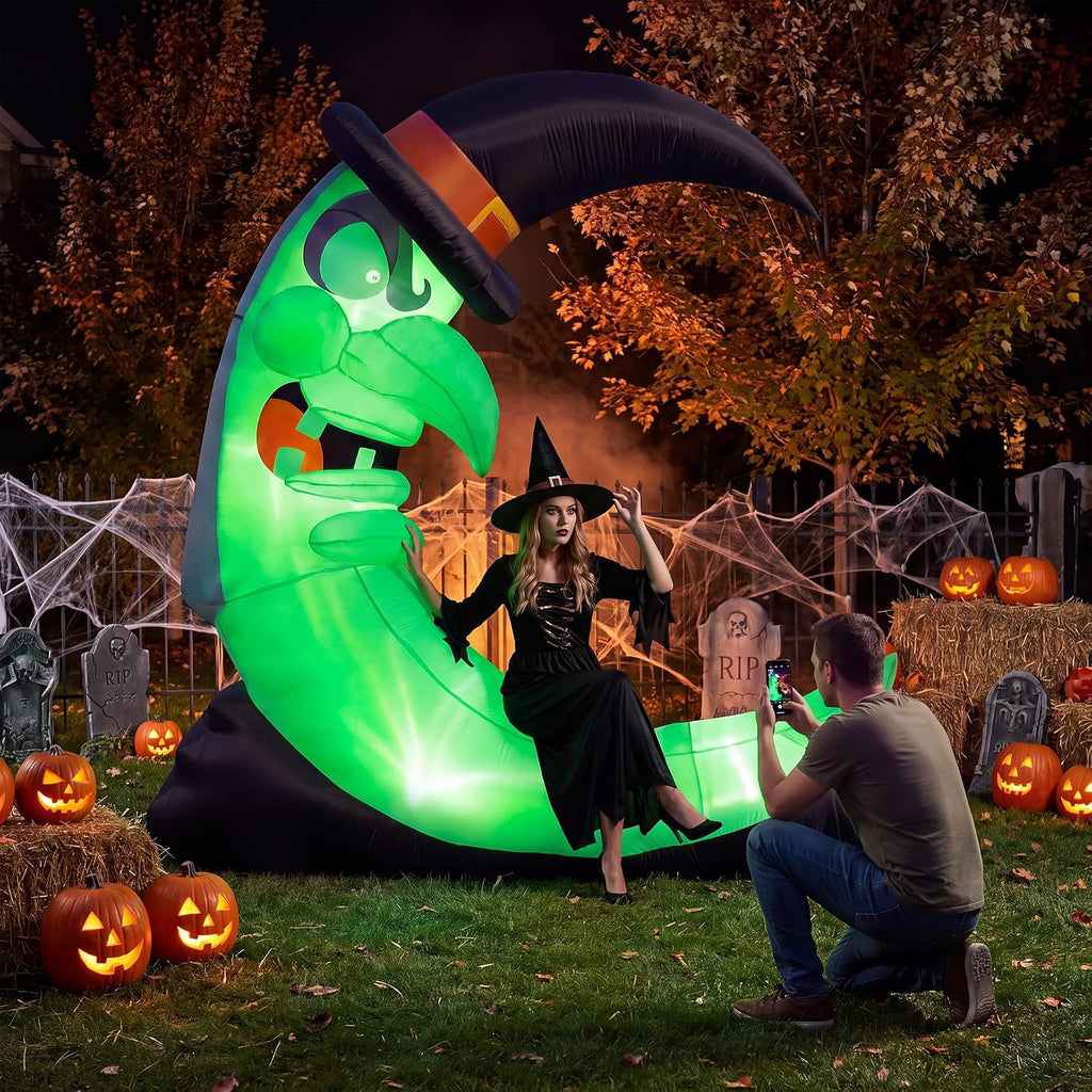 9FT Green Witch Moon Halloween Inflatables Outdoor Decorations with Bench