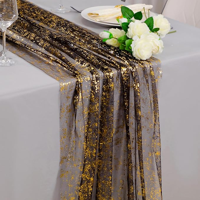 Snowkingdom 6 Pcs Black & Gold Cheesecloth Table Runner 10 FT, Sheer Chiffon Sparkle Gauze Mesh Runners 120 Inch, Glitter Table Centerpieces Decoration for Birthday Party Wedding Christmas Halloween