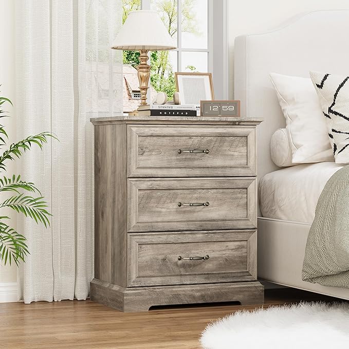 Nightstand with 3 Large Drawers, Rustic Farmhouse Wood Small Dresser, Bedside
