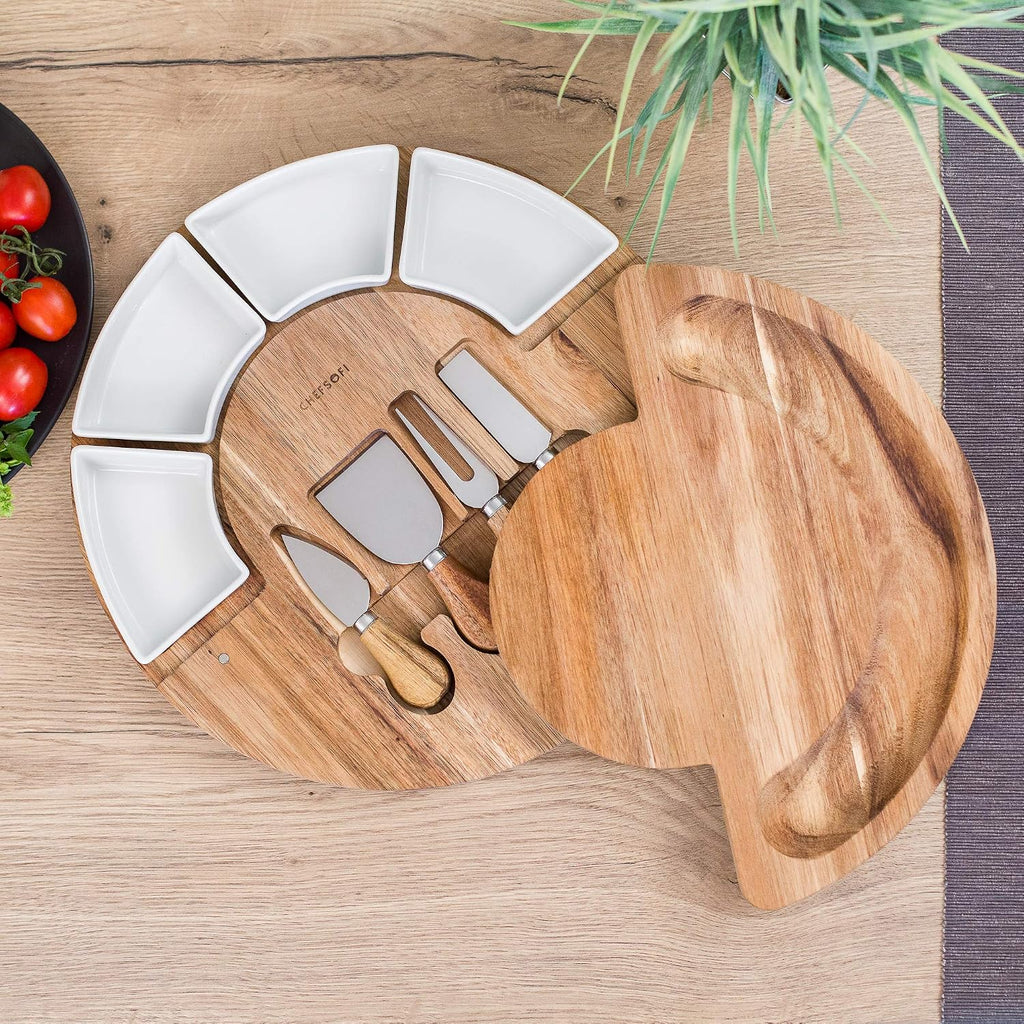 ChefSofi Charcuterie Board Set and Cheese Serving Platter - Made from Acacia Wood - US Patented 13 inch Cheese Board and Knife Set for Entertaining and Serving - 4 Knives and 4 Bowls