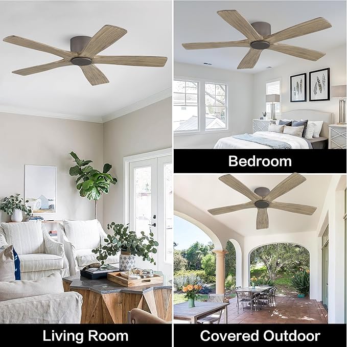 WINGBO 48" Flush Mount DC Ceiling Fans without Lights, 5 Carved Solid Wood