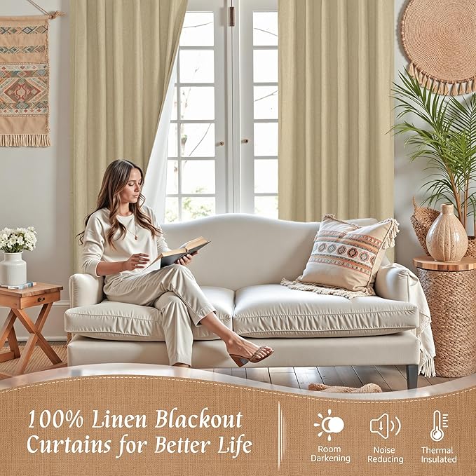 LAMIT 40 Inch Length 100% Blackout Linen Curtains, Linen Textured Thermal