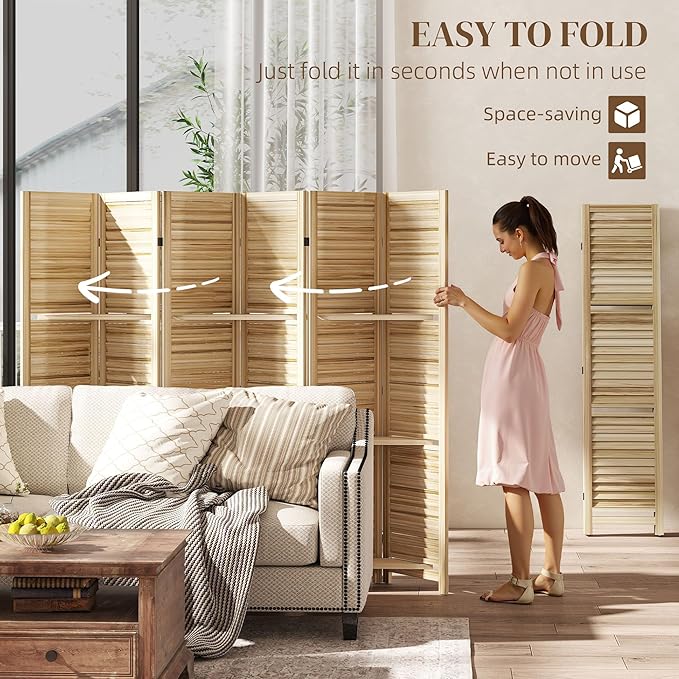 HOMCOM Room Divider, 6 Panel 67" Tall Wood Privacy Screen