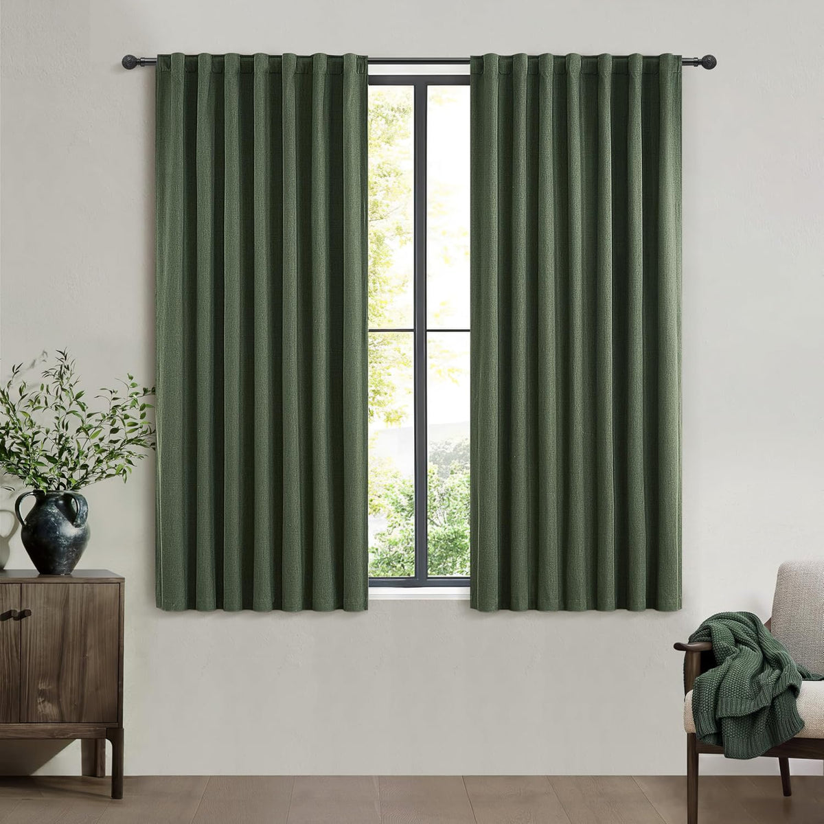 QJmydeco Green Country Kitchen Curtains 54 Inch Length Small Basement Window Blackout Cooling Curtains for Summer Heat Linen Cafe Classroom/Dorm Dark Olive Drapes Hook Belt/Back Tab(50"x54"x2 Panels)