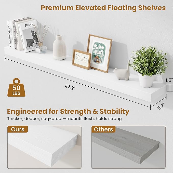 Fun Memories Floating Shelves 48 Inch, Extra Large Wood Shelf Set of 2