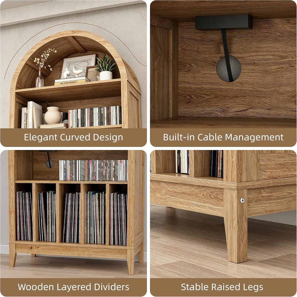 Large Record Player Stand Holds 350+ Albums, 5 Tier Arched Bookshelf Vinyl Re...