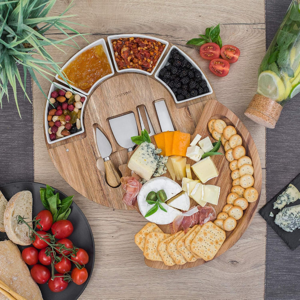 ChefSofi Charcuterie Board Set and Cheese Serving Platter - Made from Acacia Wood - US Patented 13 inch Cheese Board and Knife Set for Entertaining and Serving - 4 Knives and 4 Bowls